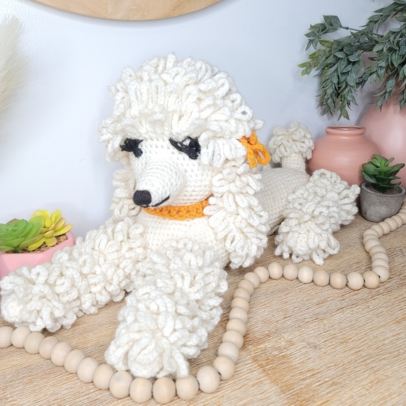 Hand made knit crochet stuffed poodle stuffed white poodle dog with bows. 20" - Picture 2 of 9